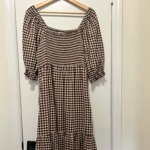 Madewell Brown and Cream Gingham Midi Dress